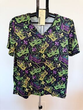 Women’s V-Neck Top in Black with Green, Purple & Yellow Mardi Gras Mask Print